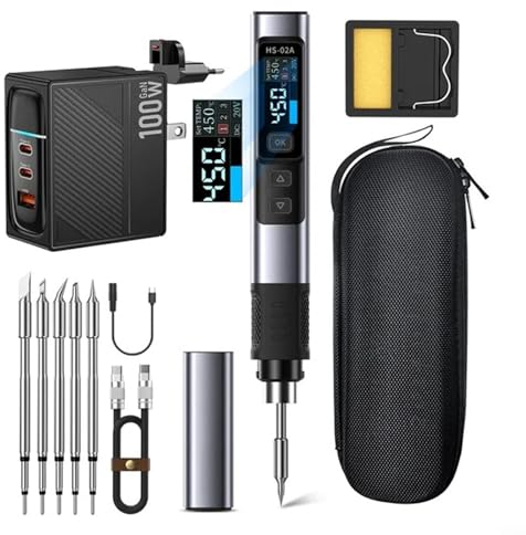 für FNIRSI HS02A Smart Elektrolötkolben PD 100W Konstanttemperatur-Kits Digital Bildschirmanzeige Programmierbares Tragbares Lötkolben, 100–450 °C schnelles Aufheizen(High 6 Heads+EU)