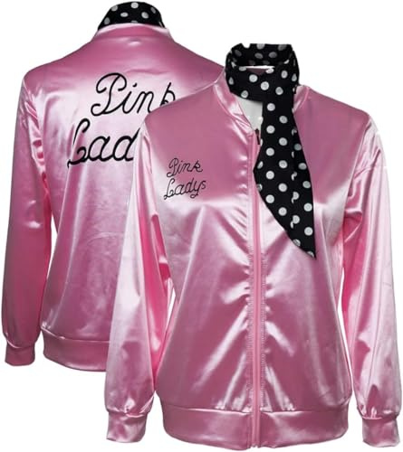 helymore 50er Jahre Ladies Pink Satin Jacke Halloween Karneval Cosplay Kostüm Rosa Jacke mit Halstuch Faschingskostüm