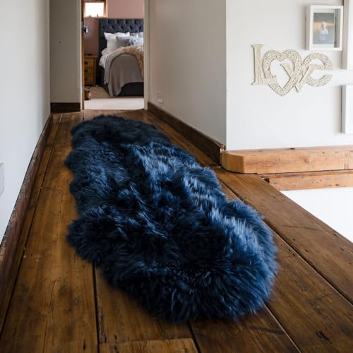 Arthur Cameron - Genuine Double-Fleece Sheepskin Rug with a Natural Suede Backing - Non-Allergenic, Extra Thick & Dense Wool with a Soft, Fluffy Texture (Navy, Double 190x65cm)