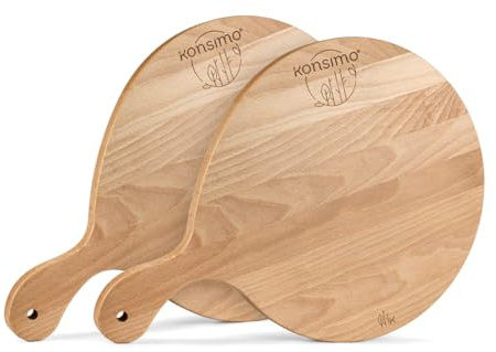 Konsimo Pizzabrett aus Buchenholz 2er Set - Geölt Rund Pizzaschieber aus Holz - Pizzateller mit bequem Griff - Cutting Board - 45x32x2cm - 2 Stück