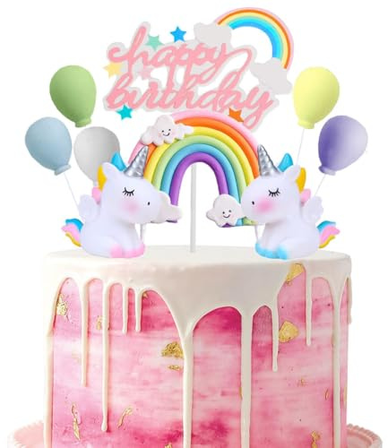 Jxuzh Einhorn Geburtstag Mädchen Kuchendeko Macaron Kuchen Deko Happy Birthday Regenbogen Topper Bunte Ballon für Kinder Mädchen