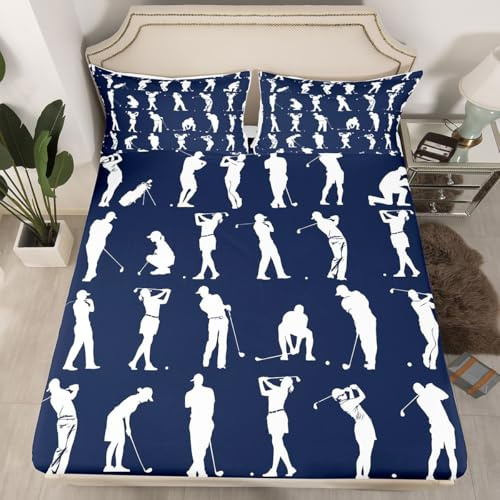 Feelyou Golf Fitted Sheet Twin Size Kids Golf Player Bedding Set for Boys Girls Teens Blue Ball Gaming Bed Sheet Set Fashion Sports Theme Bed Cover Deep Pocket Home Decor