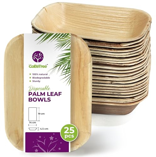 GoBeTree 25 Palmblatt Schalen Rechteckig 19x14 cm, Tiefe Servierschalen | Stabile Servierschalen für Portionen, Braten und Beilagen, Mikrowellen- und Gefriergeeignet, Ähnlich Bambus