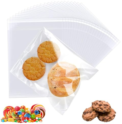 200 Pcs Clear Cellophane Bags, 6 x 8 Inch Food Safe Self-Sealing Cookie Bags Sealing Plastic Bags for Bakery Snacks Candy Cookies Favors Soap Chocolates