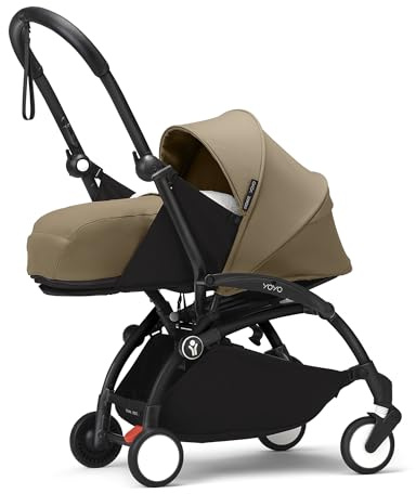 Stokke YOYO3 Gestell (Schwarz) mit 0+ Neugeborenen Set (Toffee) - Inklusive Matratze, Fünfpunktgurt, ausziehbarem Verdeck, gepolsterte Schultergurte & schützende Aufbewahrungstasche