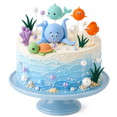 17 Stück Unterwasserwelt Tortendeko Ozean Thema Cakee Topper, 3D Ozean Kuchen Dekoration für Kindergeburtstag,Baby Party,Delphin und Oktopus Dekoration，unterwasserwelt Party Kuchen Dekoration Supplies