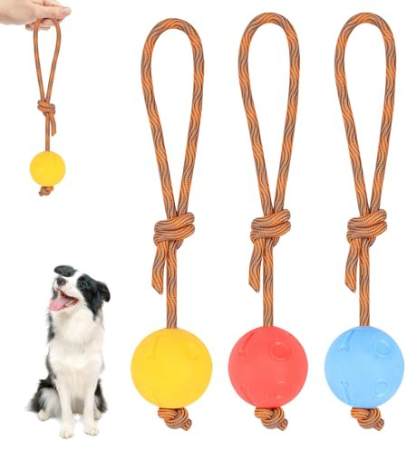 Jsleid 3 Stück Wurfball Hund, Wurfball Mit Seil, Hundeball Mit Schnur, Naturkautschuk Wurfball, Für Kleine Und Mittelgroße Hunde Für Agilität Und Extrem Weite Würfe