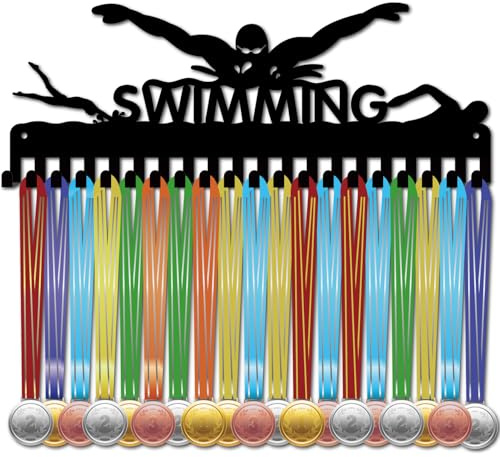 CREATCABIN Medaillenhalter Aufhängen Schwimmmedaillen Medaillenhaken Präsentationsständer Für Sportauszeichnungen Rennbänder Organizer Schwarzer Metallgehäuserahmen Aufhängen Über 20 Medaillen 40x15cm