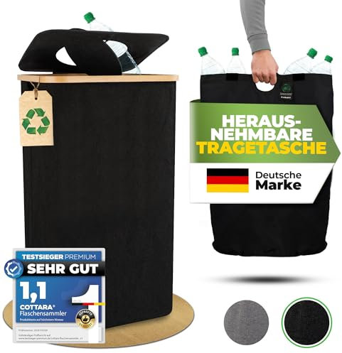 COTTARA® Pfandflaschen Sammelbehälter mit Deckel und Tragetasche | Pfandbehälter mit Loch drehbar | Ideale Pfandflaschen Aufbewahrung Leergut Sammelbehälter Flaschensammler (Schwarz ohne Aufdruck)