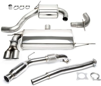 TA Technix Duplex Sportauspuffanlage aus Edelstahl mit Endrohr 2x80mm rund scharf inkl. 3 Zoll / 76mm Downpipe mit 200 Zellen Metallkat, Edelstahlanlage mit EG Zulassung, Art.-Nr. 33VW002