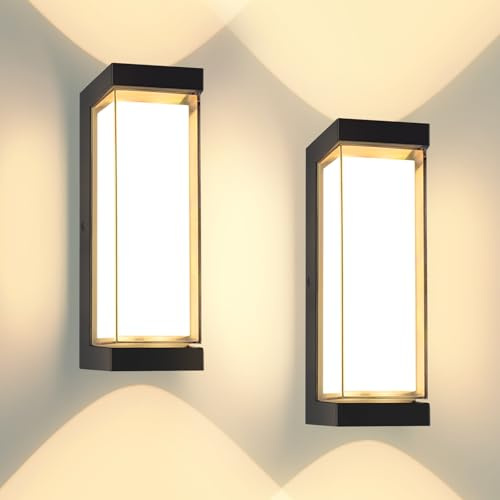 YindaLux LED Aussenlampe Wand, IP65 Wasserdichte, 3000LM, 3000K, Schwarz | 24W 230V, Warmweiß, Aluminium Wandleuchte Innen/Außen, Up Down, Außenwandleuchten für Terrasse, Eingang, Flur, 2 Stück