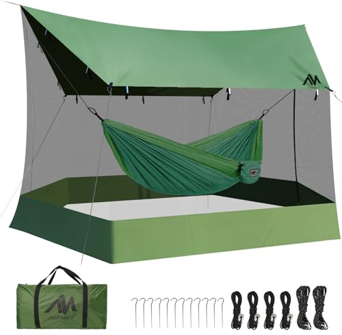 AYAMAYA Campingpresenning med myggnät, stor storlek 45 x 35 cm skärmhus för hängmatta, lätt camping hängmatta tält regn fluga med insektsnät för picknick bakgårdar backpacking strand