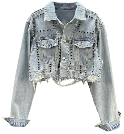 Jeansjacke für Damen, Frühling, Herbst, Nieten, abgenutzte Nagelperlen, lässige Jeansjacke, hellblau, S