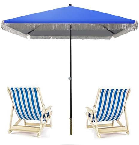 YHDMDQ Ombrellone da Spiaggia Quadrato 200x200cm, Ombrellone da Giardino con Frange, Parasole con Nappe per Mercato All'aperto Balcone Piscina Piscina Tavolo(Blue)