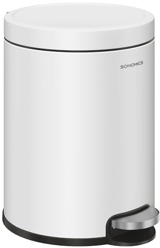 SONGMICS Mülleimer Bad, 6 Liter Kosmetikeimer mit Inneneimer | Kleiner Mülleimer mit Deckel und Absenkautomatik, aus Stahl, Weiß, 20,5 x 26 x 28 cm, PLUSHIC Kollektion LTB016WZ02