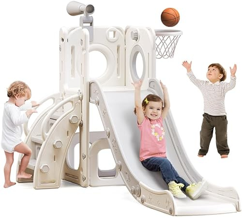 6 in 1 Toddler Playset with Slide, Kids Slide with Basketball Hoop, Ball, Ring Toss, Indoor Outdoor Toys (White)