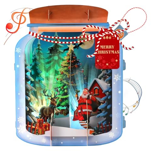 Musik-Weihnachtskarte, 3D Weihnachtsmann & Tannenbaum Weihnachtskarte mit Musik und Licht für Kinder, Frau, Männer, Jungen, Mädchen, Pop-up Xmas Card in Form eines Papiertopfs mit Hanfschnur