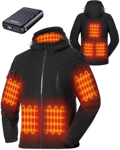 GOTOBI Men's Fleece Heated Jacket with Power Bank 12V 18400mAh, 8 Heating Zones Hooded Winter Coat with 3 Temperature Levels, Warm Jacket for Cycling, Camping & Outdoor Work, Black