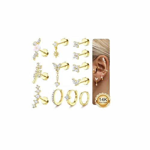 MILACOLATO 12Pcs Helix Piercings Chirurgenstahl Ohrringe Piercing Ohr Gold Silber Flatback Ohrstecker Klein Knorpel Ohrringe Creolen Gold Hypoallergen Rook Tragus Conch Helix Piercing Für Damen-AG