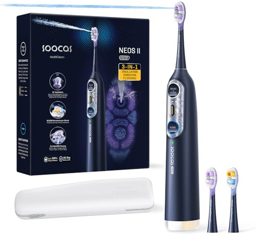 Soocas NEOS II Ultra – Electric Toothbrush with Water Flosser Combo, 3-in-1: Flosses, Vibrates and Oscillates, Flossing Toothbrush for Adults, Cordless Water Flosser for Travel, Midnight Blue
