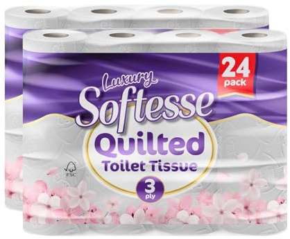 Softesse Toilet Paper 24 Rolls, 3 Ply Toilet Rolls, Luxuriously Soft, Gentle and Hypoallergenic Sustainable Toilet Rolls - Quilted Toilet Roll for Your Family - Dermatologically Tested (6x4 Pack)