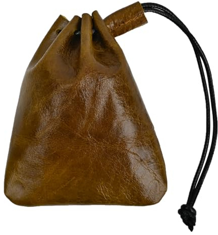 SUBTAVIK Münzbörse, Ledertasche mit Kordelzug 12x10cm, Schmuckbeutel aus Leder, Aufbewahrungsbeutel für Herren und Damen (Hellbraun)