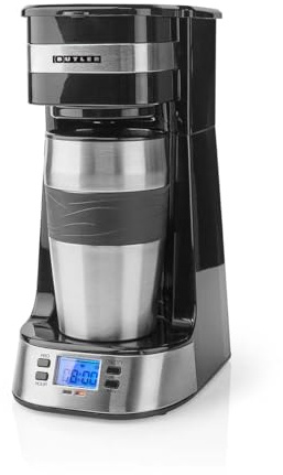 Butler Filterkaffeemaschine Einzelportion 0,4 L - Thermoskanne mit Timer und LCD-Display - 750 W Coffee Machine - isolierter Reisebecher - wiederverwendbarer Nylonfilter - Kaffemaschine Schwarz
