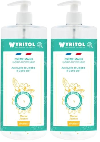 WYRITOL - Crème Hydroalcoolique Désinfectante pour les Mains - Bactéricide et virucide - Formule naturelle à base d'huiles végétales- Parfum Monoï/Jasmin - 500ml - Fabrication française (Lot de 2)
