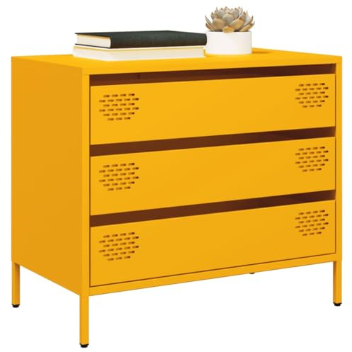 WHOPBXGAD Sideboard mit 3 Schubladen, Senfgelb, 68x39x58.5 cm, Kaltgewalzter Stahl, Moderner Aufbewahrungsschrank für Wohnzimmer und Flur, Stabile Kommode mit viel Stauraum