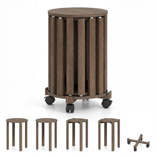 COSTWAY 4er Set Esszimmerhocker stapelbar, Stapelhocker mit Massivholzbeine & Rollenbasis, platzsparende holzstapelhocker, Holzhocker rund für Klassenzimmer, Küche, Wohnzimmer (Walnuss)