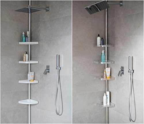 KS Handel BADREGAL TELESKOPREGAL 4 BÖDEN WEISS CHROM ECKREGAL DUSCHABLAGE DUSCHREGAL 2 FARBEN UND 2 LÄNGEN (290, Silber glänzend)