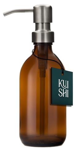 Kuishi Braunglas-Pumpflasche mit Edelstahlpumpe [300 ml, Silberne Pumpe], Braunglas-Seifenspender, nachfüllbare Braunglasflaschen, ideal für Handwäsche, Shampoo, Spülung, Duschgel (BPA-frei)