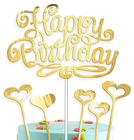 vsd-vk Happy Birthday Tortendeko Cake Topper Geburtstag Kuchendeko Kuchendekoration Gold Torten Kuchen Deko (Gold mit 5 Herzen)