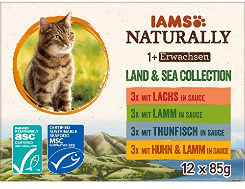 IAMS Naturally Katzenfutter Nass in Sauce - hochwertiges Nassfutter mit Fleisch und Fisch für erwachsene Katzen, Land & Sea Collection, 12 x 85 g