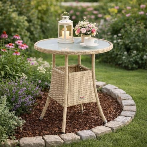 ESTEXO Polyrattan Beistelltisch Gartentisch Rattan Tisch Balkontisch Gartenmöbel Rund Kaffeetisch Teetisch Couchtisch Rattantisch (Beige)