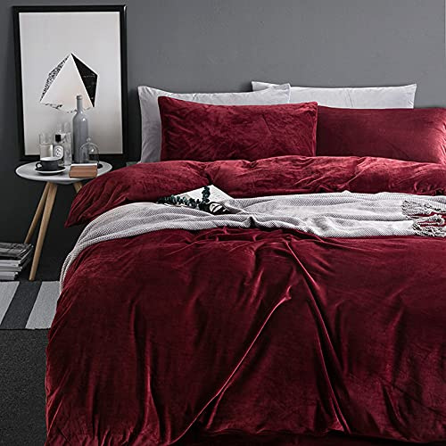 Michorinee Winter Plüsch Bettwäsche Set 140x200 Cashmere Touch Flauschig & Warme Coral Fleece Uni Bettbezug mit Reißverschluss - Weinrot | 140 x 200 cm + 70 x 90 cm