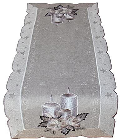 Tischdecke Mitteldecke Deckchen Tischläufer Kissenhülle Weihnachten grau Silber Bestickt mit Kerzen (30 x 70 cm)