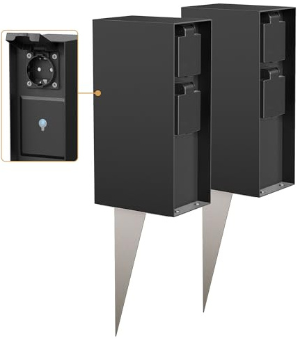 ledscom.de 2X Garten-Steckdosensäule POMI mit Erdspieß für außen, IP44, Smart Home, WLAN, Alexa, 3-Fach, schwarz, eckig, 23cm