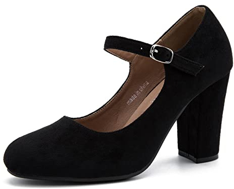 Women's Mary Jane Pumps, Closed Round Toe, Block Heel with Ankle Strap Buckle, 3.54 Inch High Heel Suede Black US 11