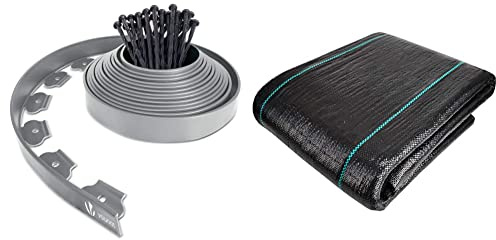 VOUNOT Bordure de Jardin en Plastique 10 mètres avec 30 Piquets d'ancrage Bordurette de Pelouse, Hauteur 50mm, Epaisseur 4mm & Toile de Paillage 10M x 2M en Fibres de Polypropylène Tissées Anti-UV