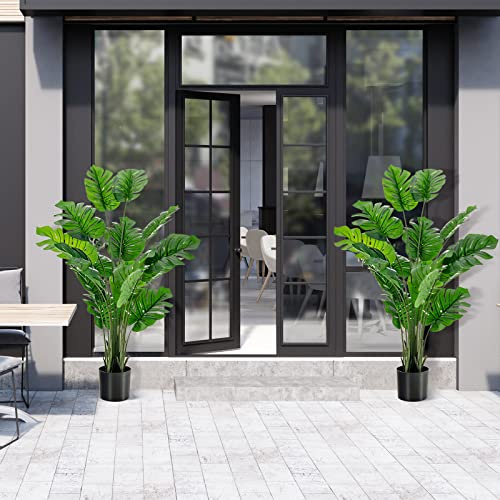 TANGZON Artificial Monstera Deliciosa Plant, Fake Swiss Cheese Plant in Pot with Cement & Moss, Indoor Outdoor Faux Potted Tree for Home Office Decoration (15 Leaves,152CM/5FT, Green, 2 Pack)