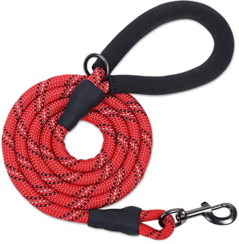 VIVAGLORY Laisse Solide en Corde pour Chien avec Poignée Rembourrée en Néoprène Doux et Fils Réfléchissants, Laisse de 180CM pour Entraînement et Promenade de Chiens Petits et Moyens, Rouge