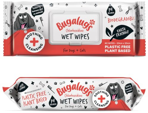 BUGALUGS Dog Wipes for pawly skin - 80 Biodegradable dog grooming pet wipes. Use as Dog ear wipes, dog eye wipes, dog face wipes, Paw & Bum wipes for puppy, dogs & cat grooming