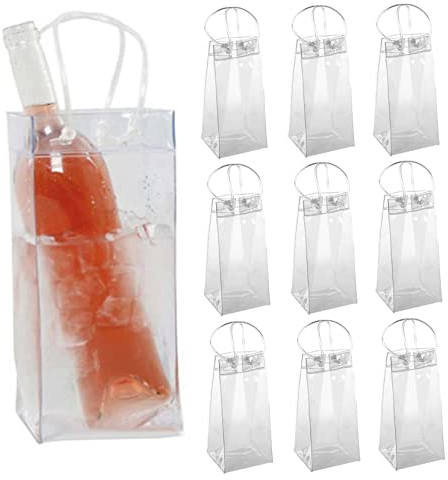 DierCosy Ice Wine Bags, 10pcs Transparent PVC Champagne Ice Bag with Handle, Portable Wine Pouch Cooler, Collapsible Chilled Beverages Bags for Party Outdoor (25cm/9.4inch)