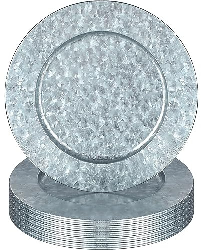 Maxdot 16 Pcs 13 Inches Metal Charger Plates Round Silver Charger Plates Silver Dinner Plate Rustic Style Galvanized Steel Charger Plate for Dinner Plates Wedding Party Home Decor Baby Shower Kitchen
