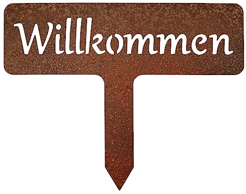 EXTRAVAGANT® Gartenstecker „Willkommen“ Gartendeko Kräuterbeetstecker Gartenschild Pflanzenstecker Metall Stahl Rost Edelrost wetterfest für Garten Beet Roststecker Blumenstecker Gartenschild