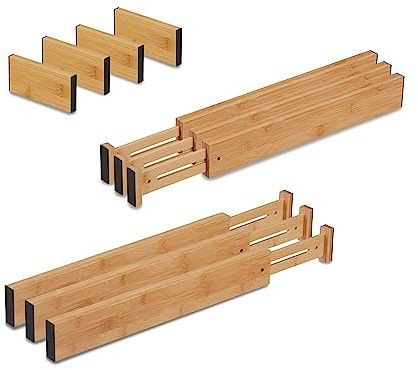 Relaxdays Pack Separadores de Cajones de Bambú XL, 6 Organizadores Ajustables 43,5 y 56,5 cm, 4 Divisores Fijos, Natural