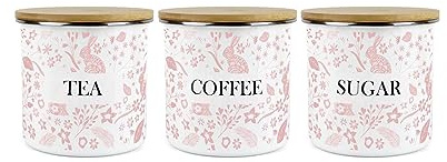 Purely Home Rabbits Kitchen Storage Canister Set - White And Pink Metal Tea Coffee Sugar Enamel Kitchen Food Storage Containers Set of 3