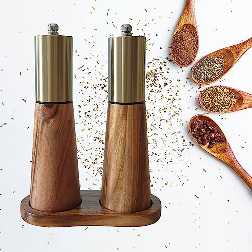 Ensemble de moulins à sel et à poivre dorés, ensemble de moulins à sel et à poivre en bois, salière et poivrière dorées, moulin à poivre moderne avec noyau en céramique, moulin à poivre pour cuisine,