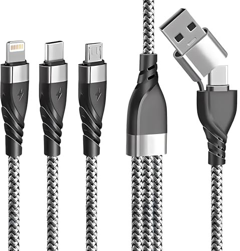 Câble Multi USB A/C Embout - Cable 3 en 1, 5 en 1 de charge 5V/3A - USB A/C (Type-C) vers USB-C/Micro USB/Lightning compatible Apple pour iPhone, iPad, Android Samsung (NOIR) (GRIS)